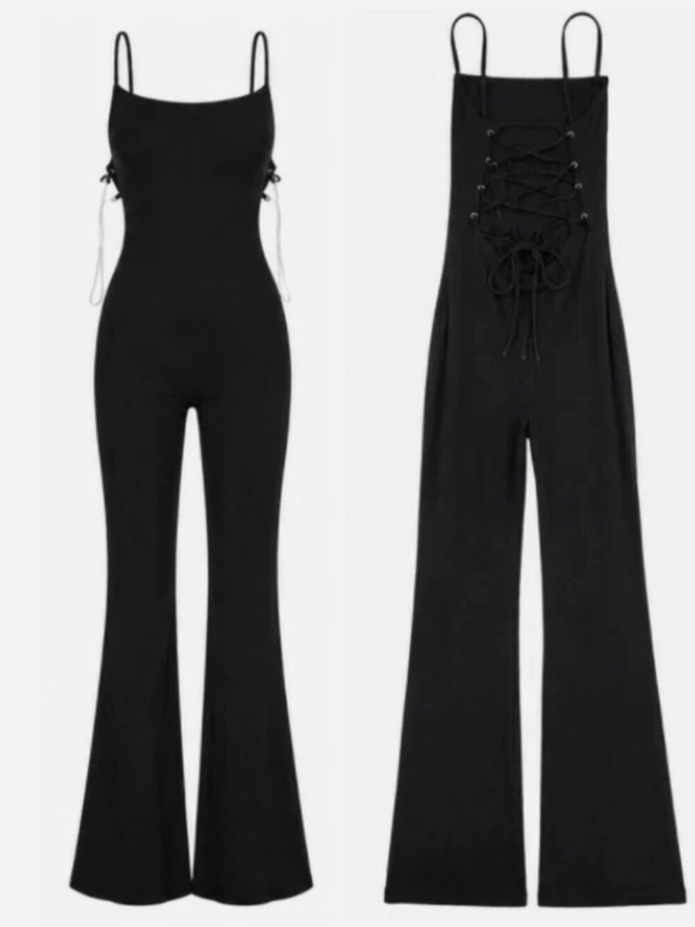 Fashion Nova "Aim Left" Bodycon Black Lace-Up Jumpsuit w/Flare Leg; L (Women)